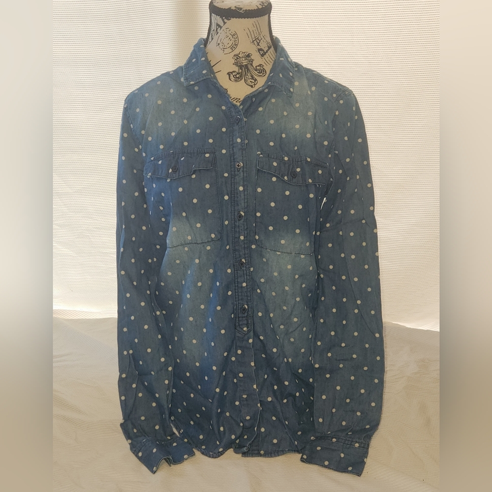 Free Heart Women's Small Blue Polka Dot Long-Sleeve Button Up Shirt